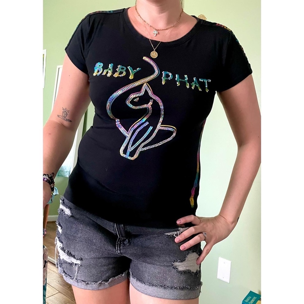 🍒2/$25 Y2K Baby Phat Girl’s t-shirt, Rainbow sequins top, Women’s XS tee